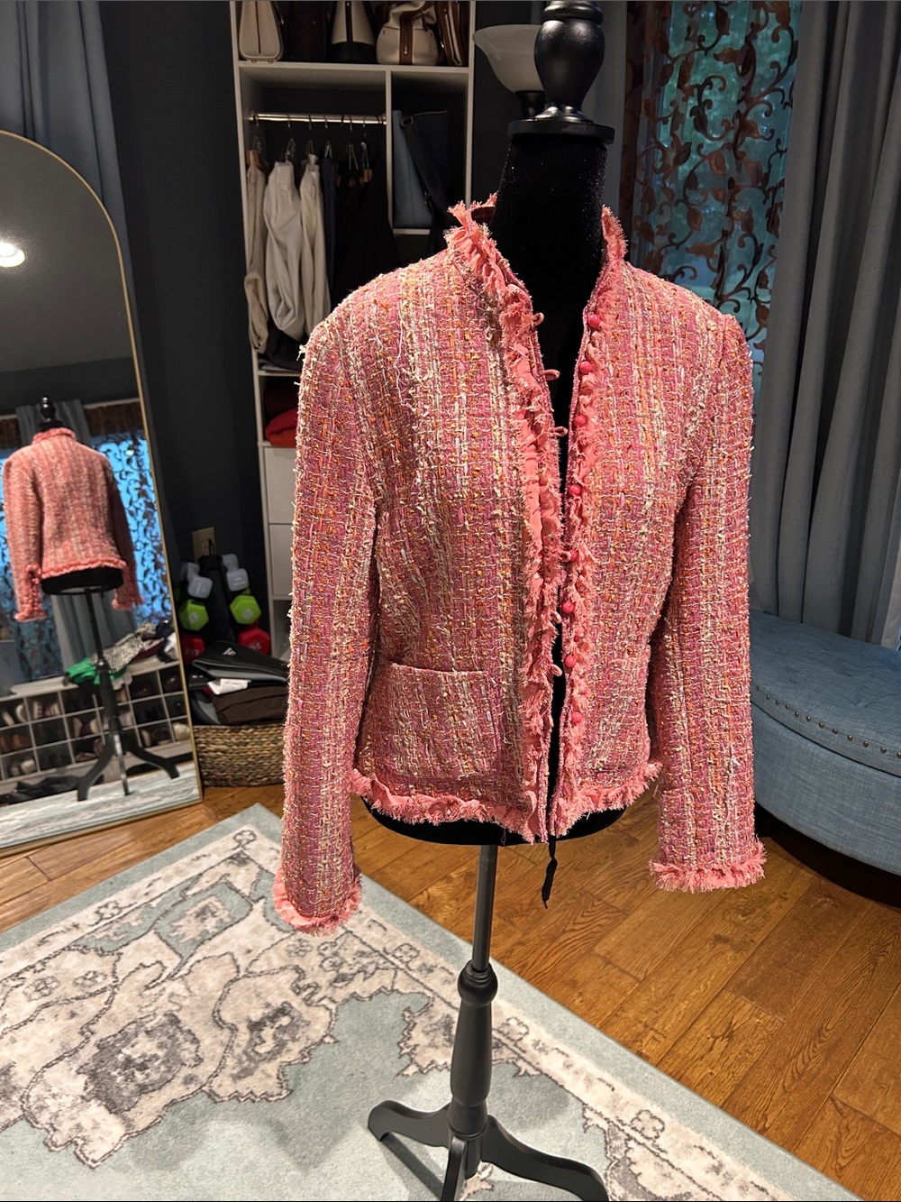 Apostrophe Coral-Pink Tweed Fringed Open Blazer